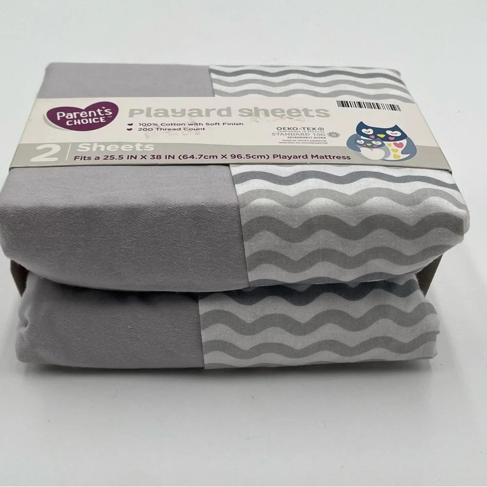 Parents Choice Playard Sheets Grey White Cotton Unisex Colors 2 Sheet Set